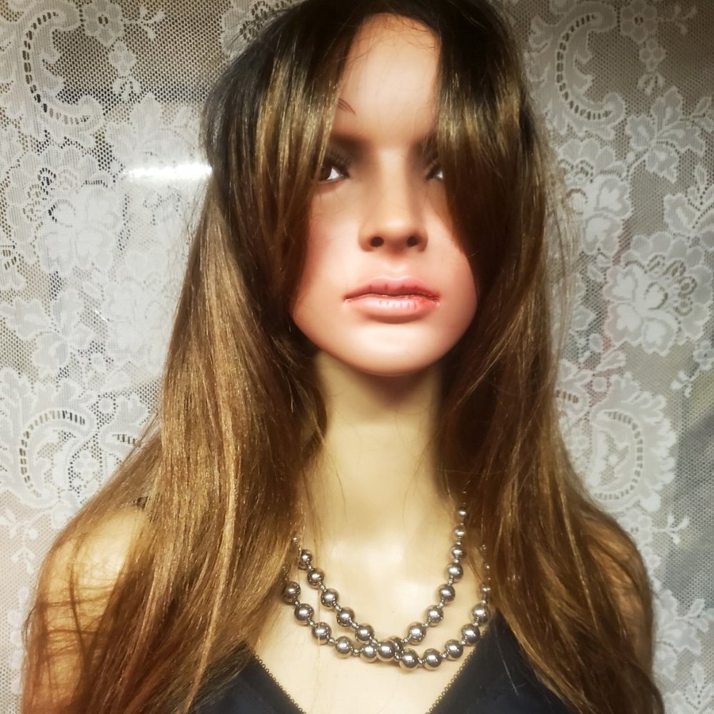 Synthetic Wig  auburn brown with dark roots with long bangs